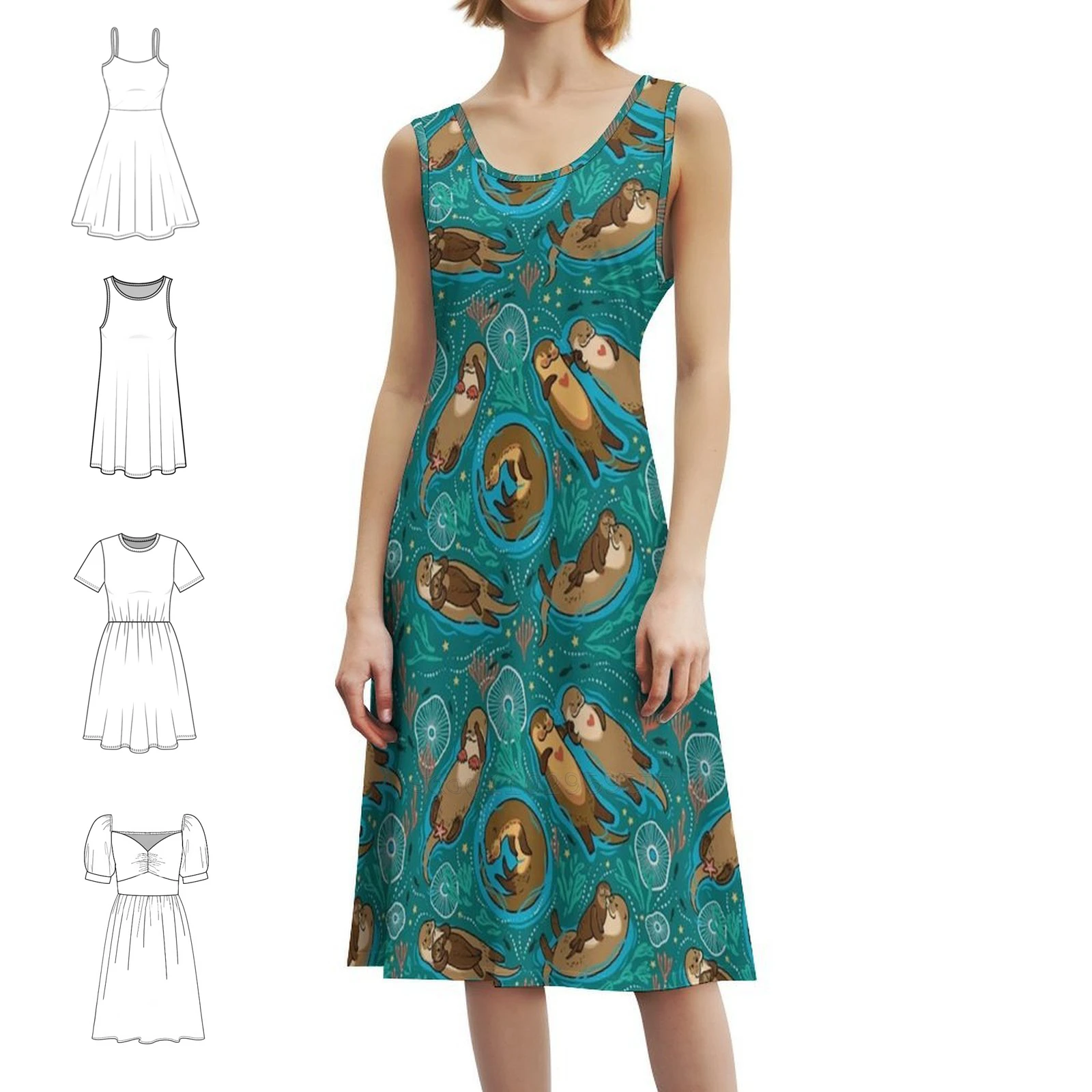 فستان حفلات أنيق للنساء من Otters فستان على شكل حرف a مع خيارات قصيرة/طويلة/بدون أكمام نمط Otter Animal Aquatic Family Fun #1