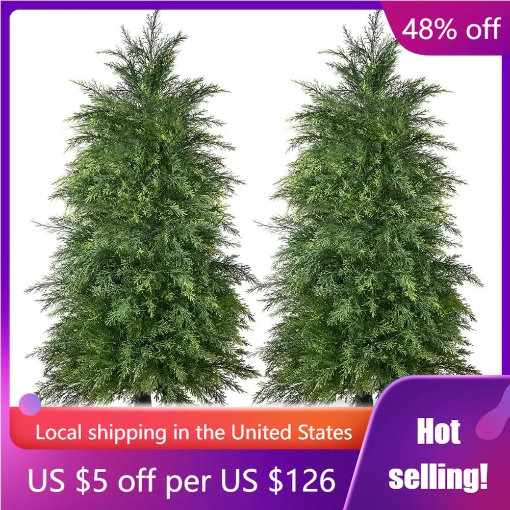 2 Pack 4ft Artificial Cedar Topiary Trees for Outdoor Front Porch Décor, UV Rated Fake Potted Plants for Indoor and Outdoor Use