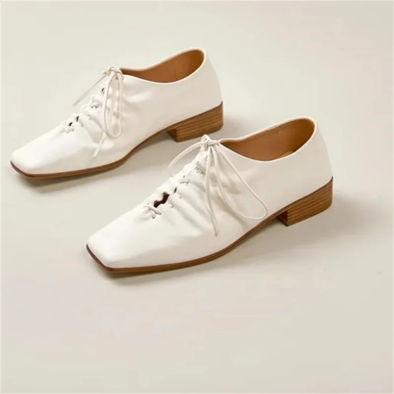 

Pleated Shoes For Women Square Toes Ladies Mid Heels Crossover Strap Female Loafers PU Leather Zapatos Mujer Lace-up Chassure