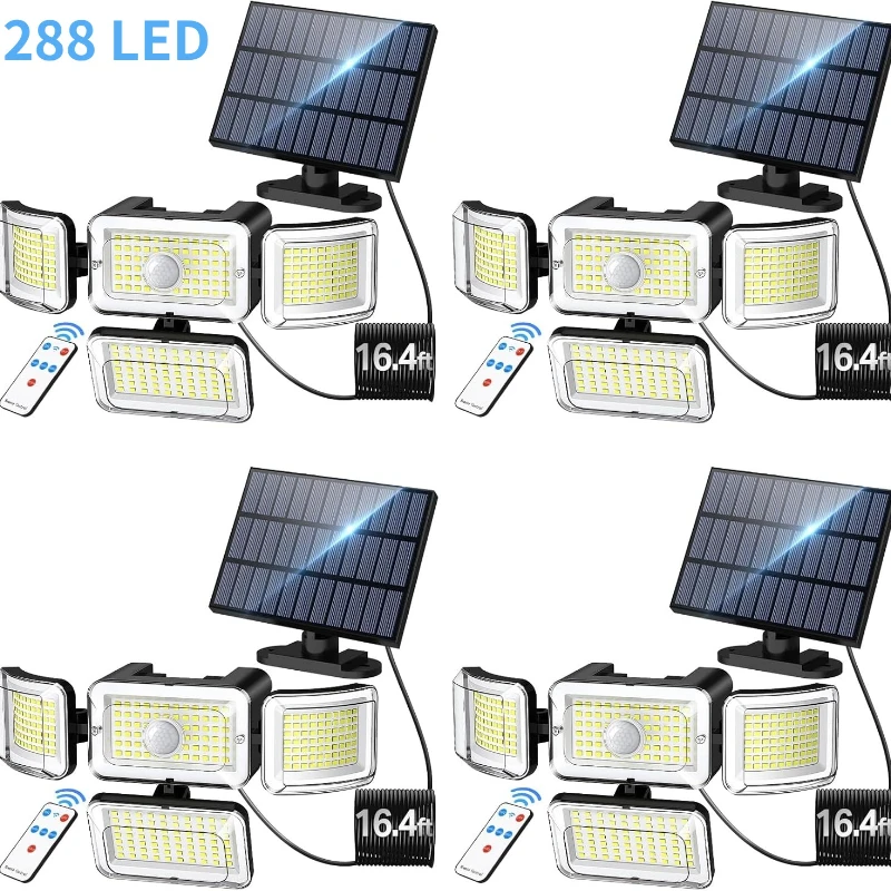 

1/2/4 шт. солнечный уличный настенный светильник с 288 светодиодными лампами с датчиком движения, водонепроницаемые 4-головочные солнечные прожекторы для патио, гаража, дорожки