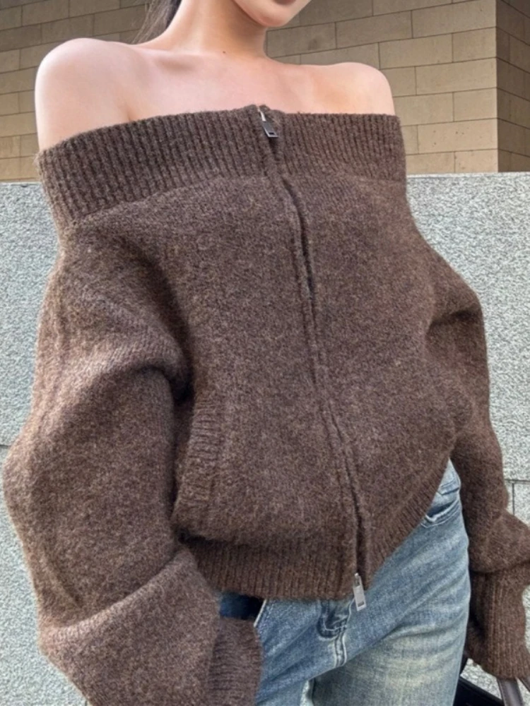 

Y2K винтажные джемперы с открытыми плечами, свитер на молнии, женский сексуальный трикотаж, повседневный однотонный кардиган с длинным рукавом и вырезом на шее