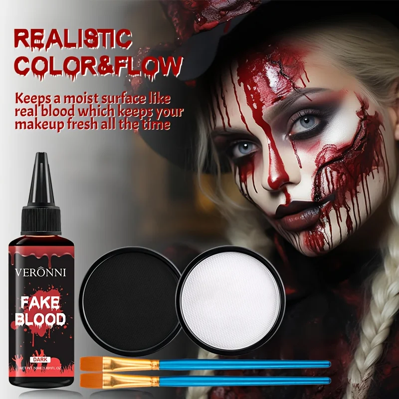 ชุดแต่งหน้าเลือดปลอมสมจริง 5 ชิ้น พร้อมสีทาหน้าสูตรน้ำสีดำและสีขาว และแปรง 2 อัน เหมาะสำหรับวันฮาโลวีน คอสเพลย์ และซอมบี้