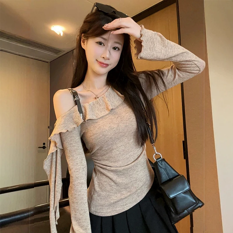 

Корейский темпераментный тонкий вязаный топ с открытыми плечами и длинными рукавами нерегулярной формы для женщин