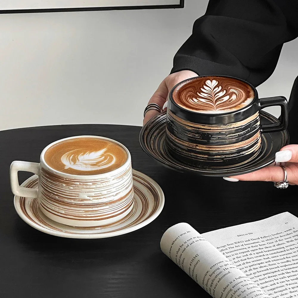 Ceramic Coffee Cup and Saucer Sets Vintage Layered Striped Texture Contrast Color Handle Cups Office Daily Milk Mugs Drinkware