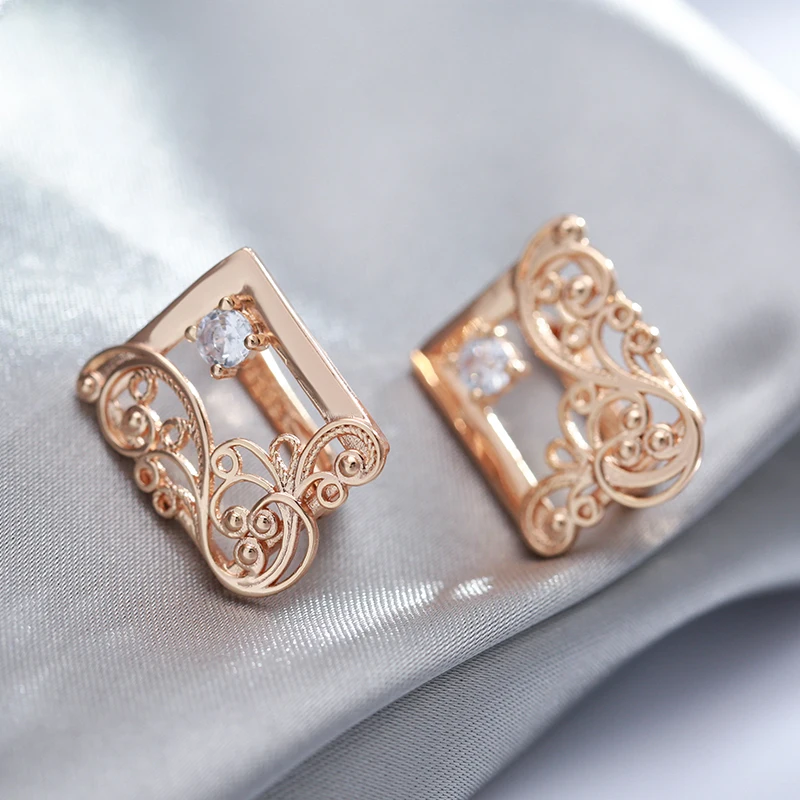 Wbmqda Classic Square Hollow Flower Drop Earrings For Women 585 Rose Gold Color Fine French Jewelry Ethnic Wedding Accessories