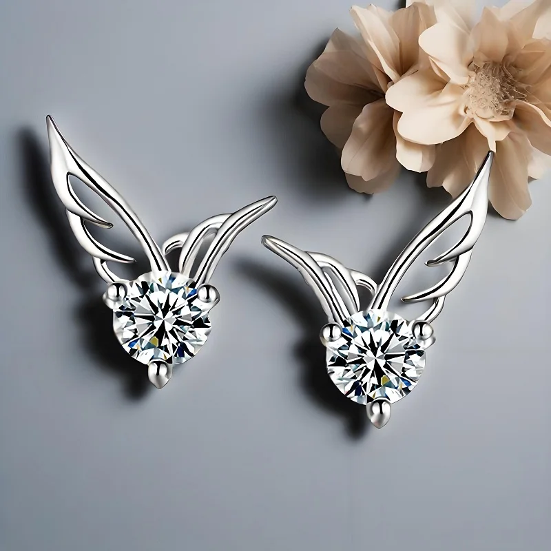 Exquisite 925 Sterling Silver Wing Shape Cubic Zircon Crystal Stud Earrings For Women Girls Wedding Party Fashion Jewelry Gifts