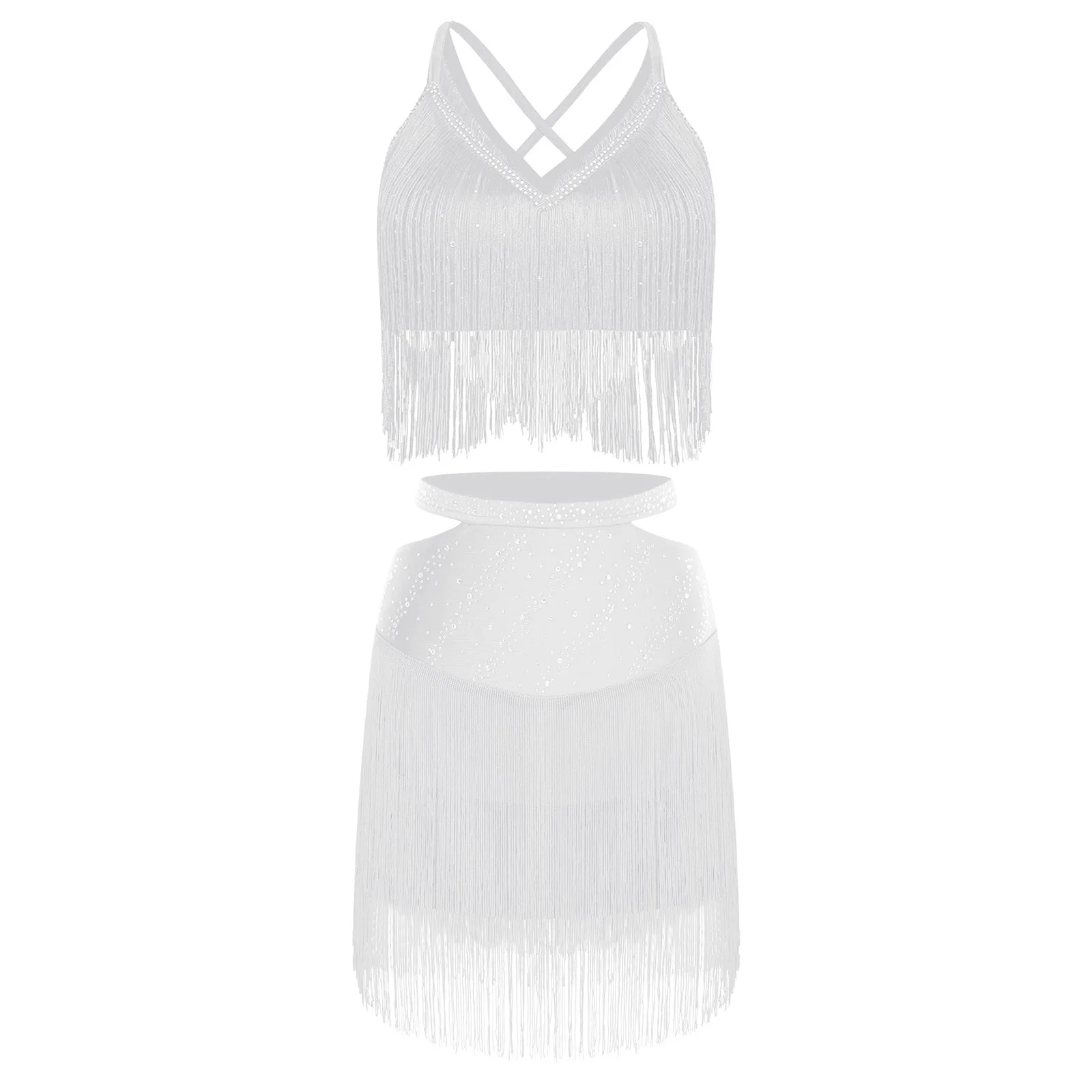 Trajes de baile de Tango latino para mujer, Top corto sin mangas con cuello en V y borlas entrecruzadas en la espalda y falda con cintura elástica recortada, Ropa de baile