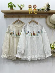 Mori kei clothing Japanese retro lace embroider shirts and blouses sweet lolita cartoon embroider long sleeve shirt for women