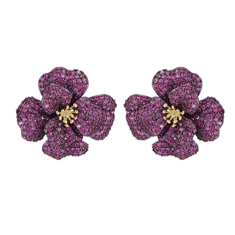 FXLRY Light Luxury High Sense Micro Zircon Rose Flower S925 Silver Pin Earrings For Women