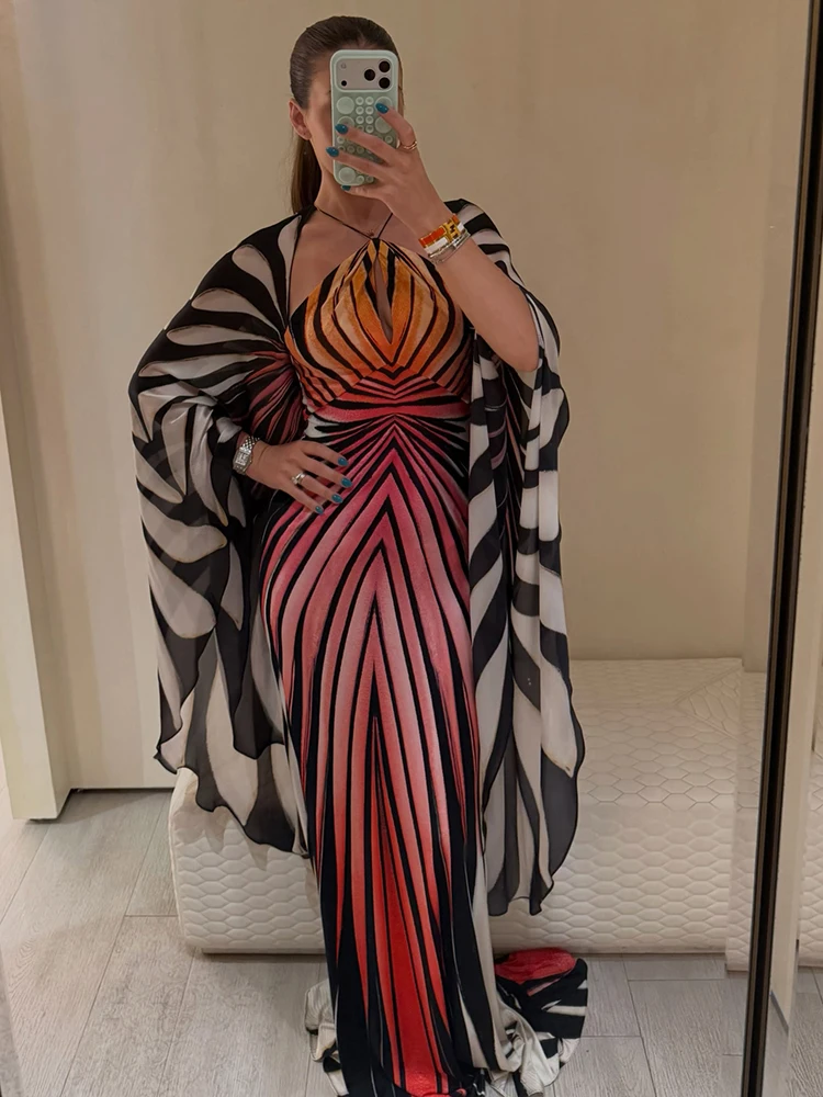 Weird Puss Buntes gestreiftes langes Kleid für Damen, mit Schnürung, Neckholder, rückenfrei, Fledermausärmel, Mitternachts-Abendkleid, Partykleid, gerafft, elegantes Vestido – Detail 14