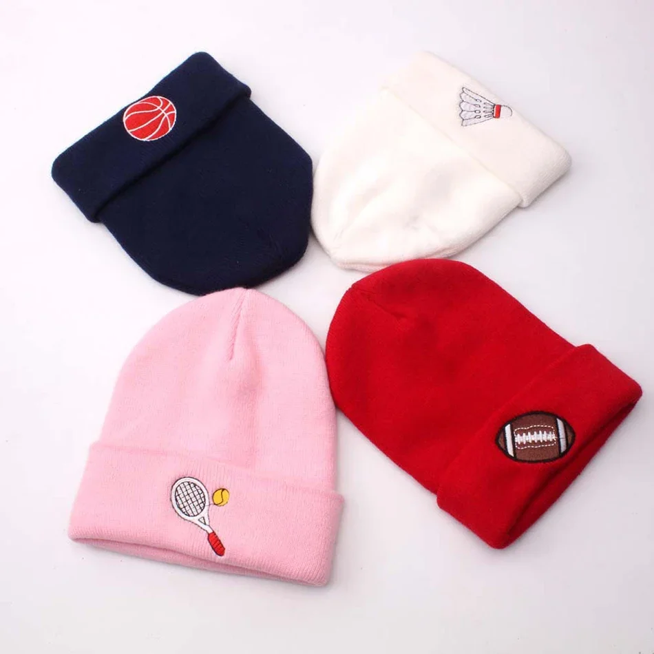 New Winter Accessories for Kids Autumn Cartoon Football Embroidery Knitted Toddler Infant Children's Hats Kids Beanies