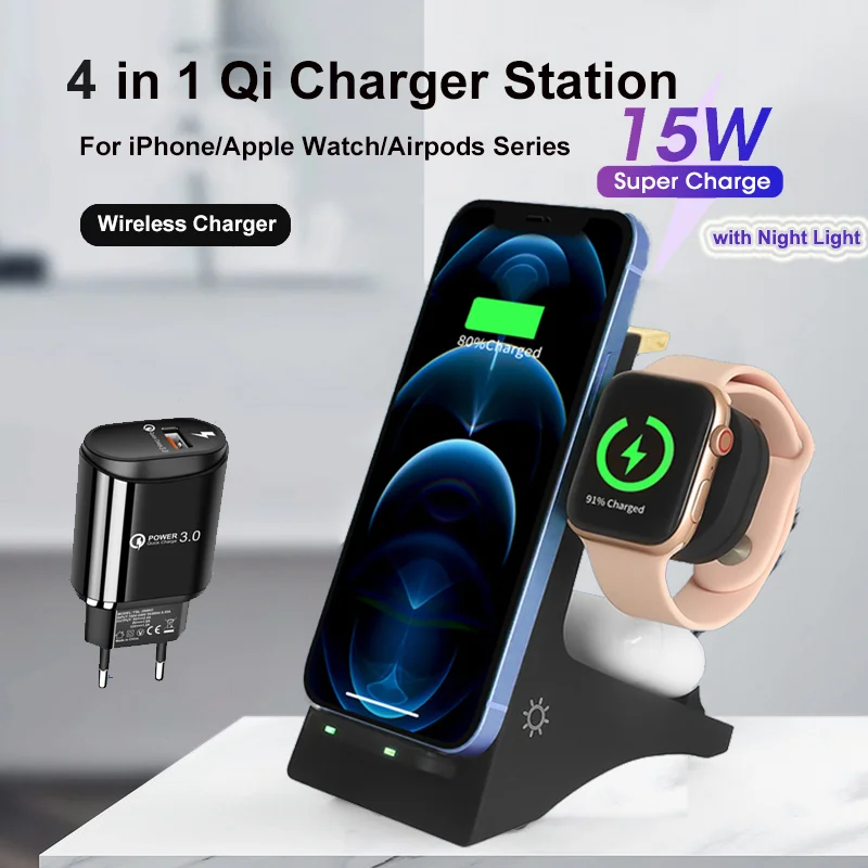 

4 in 1 15W Qi Fast Magnetic Wireless Charger Stand for IPhone 14 13 pro Apple Watch Charging Dock Station for Airpods Pro iWatch