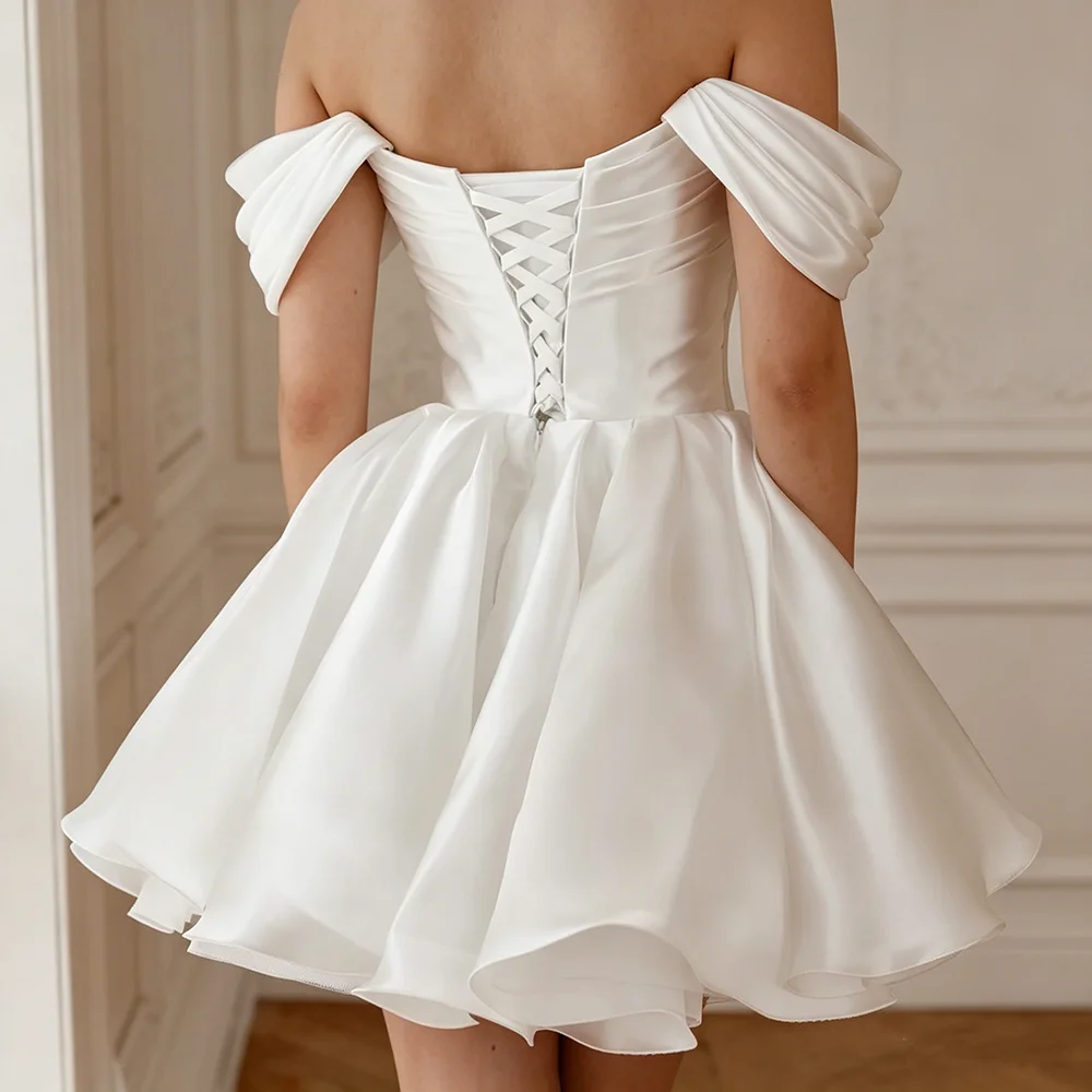 Off Shoulder Satin Short Wedding Dress Lace Up Back Mini Bridal Gown Elegant Engagement Elopement Party Mini Vestido De Novia