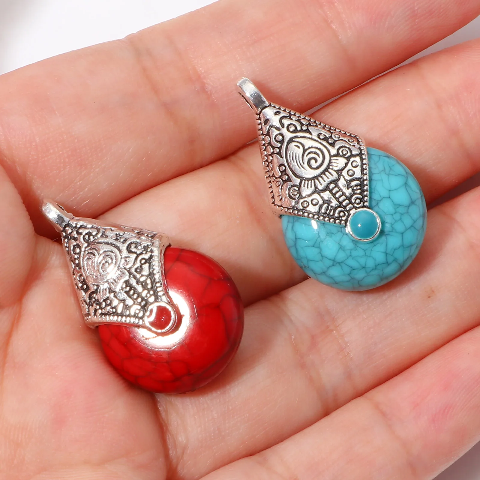 Bohemian Style Charms Antique Silver Color Multicolor Drop  Pendants DIY Necklace Jewelry 28mm x 16mm,10PCs