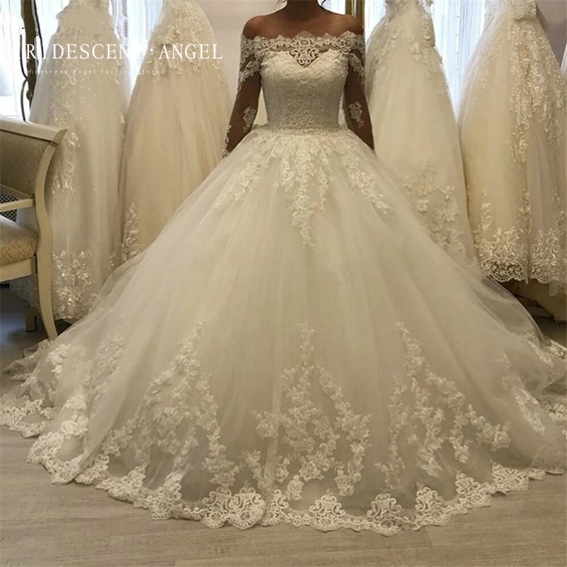 

IRIDESCENT Boat Neck Ball Gown Elegant Long Sleeves Wedding Dresses Appliques Vestidos De Novia Bridal Dresses For Women