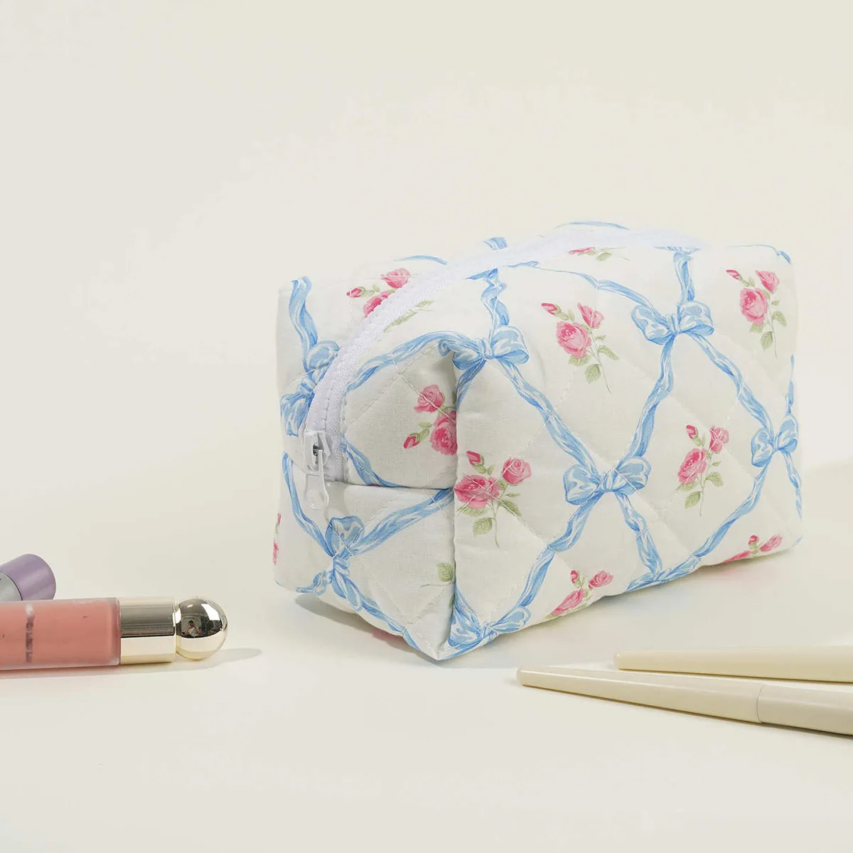 Cotton Quilted Makeup Bag with Large Capacity Bow Print Rose Storage Wash Bag