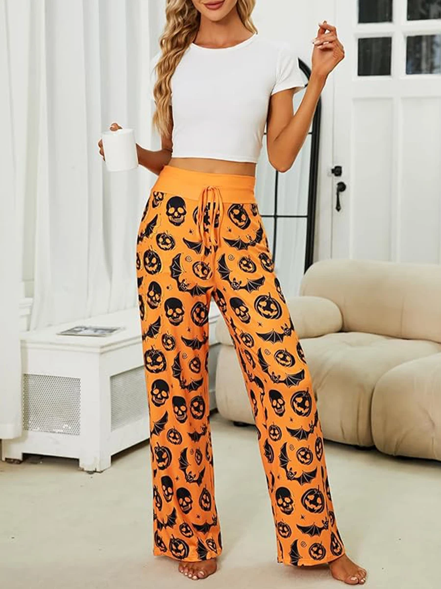 Dames Halloween Pyjama Broek Elastische Hoge Taille Wijde Pijpen Palazzo Lounge Broek Dames Trekkoord Broek Voor Streetwear