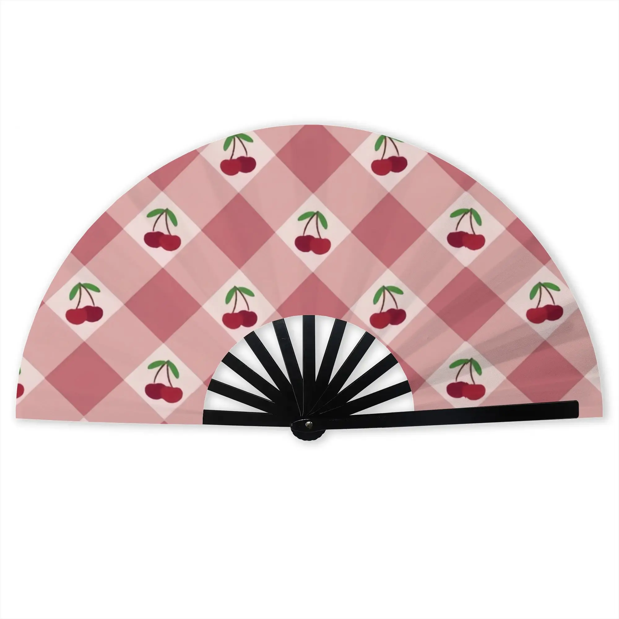 Cherry Gingham in Pink Portable Pocket Fan Outdoor  Folding Fan Chinese Dance Cooling Handheld Fans