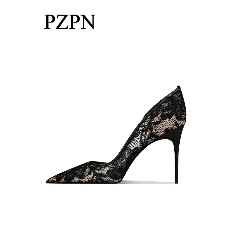 Black Lace Side Open High Heel Shoes for Women 2026 New Style Pointed Toe Slender Heel Elegant and High-End Comfort Single Shoes