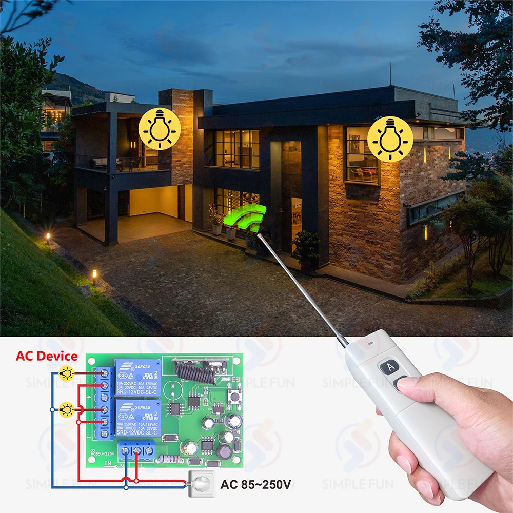 433MHz Universal Wireless Remote Control Switch 110V 220V 2CH Relay Module,3000m Control Range,for Light/Garage Gate/Fan/DIY