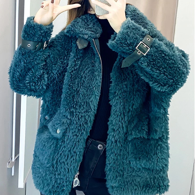 

Pop Nice Green Belt Faux Fur Coats for Women Autumn Winter Soft Zipper Up Plush Coat Woman Stand Collar Thick Warm Jackets