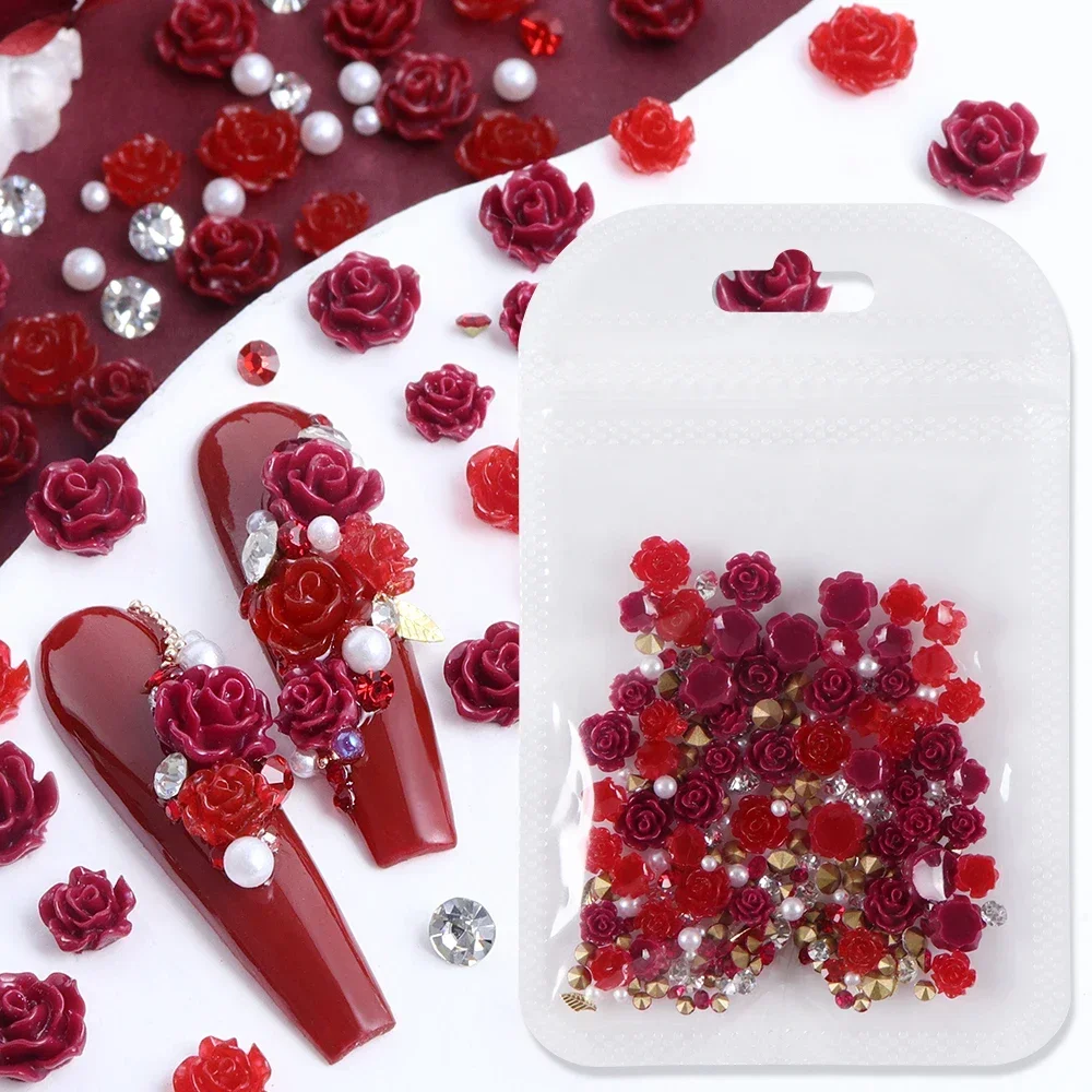 50pcs Valentines Day Resin Keychains DIY Red Camellia Flowers Mixed Rhinestone Pearl Rose Resin Filllings Beads Decorations