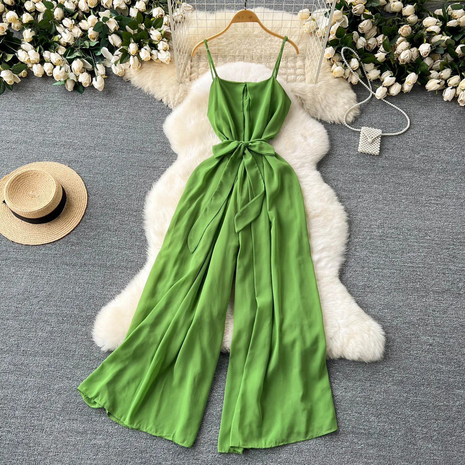 Chic Vintage  off shoulder sleeveless Solid slip Top Jumpsuit Elegant High Waist Casual Wide Leg Pants Summer Women Playsuit