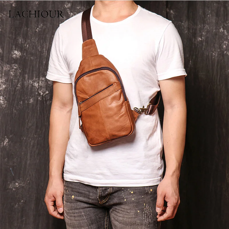 Men Genuine Leather Chest Bag Male Zipper Shoulder Men's Travel Fanny Packs Soft Casual Crossbody