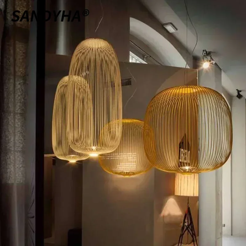 

SANDYHA Modern Pendant Light Wrought Iron Birdcage LED Ceiling Chandelier for Dining Table Bar Counter Bedroom Decor Lighting