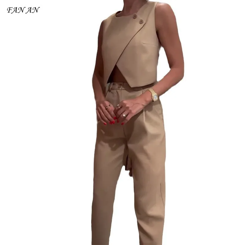 

2024 Summer Fall New Fashion Crew-neck Button-up Sleeveless Top Temperament Straight-leg Pants Pant Suit Two Sets Women Two Sets