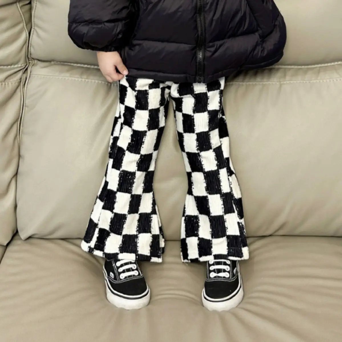 Girls Pants 2024 Winter New Childrens Wear Korean Style Girl Baby Plus Velvet Checkerboard Checkered Pants Casual Simple Daily