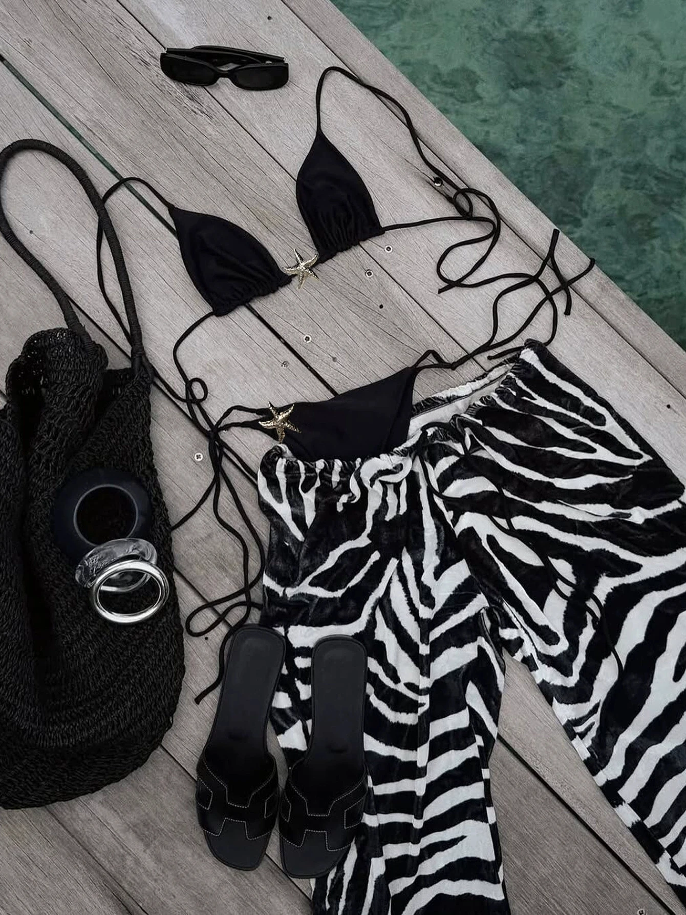 

Melphieer Lace-up Zebra Pattern Pant 3 Piece Bikini Set Women Starfish Decor Swimsuit Summer Vacay Beach Party Trend Swim Suits