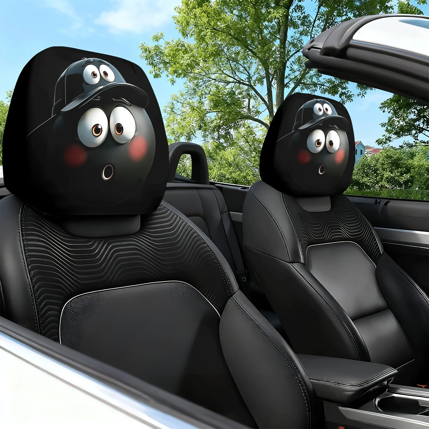 2pcs Shy Little Black Ball Themed Printed Car Seat Cushion Headrest Neck Pillow Cover - Featuring a Cute Design - Car Interior