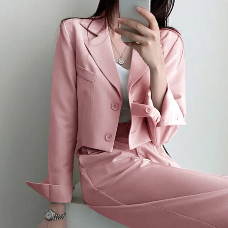 Woman Short Blazer Jacket Long Pants Trousers 2PCS Women Suits Office Lady Two-Piece Korean Casual Business Sets Outwear ZX-827