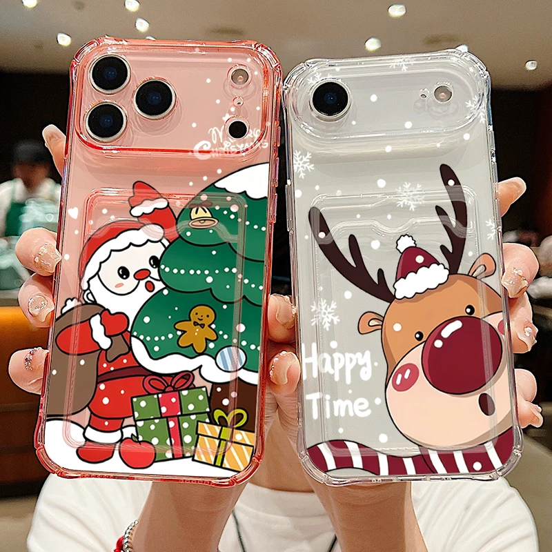Christmas Elk Pattern Phone Case For iPhone 17 16 15 14 13 12 Pro Max 15 17 Pro Air 11 16e Soft TPU Clear Card Slot Pocket Cover