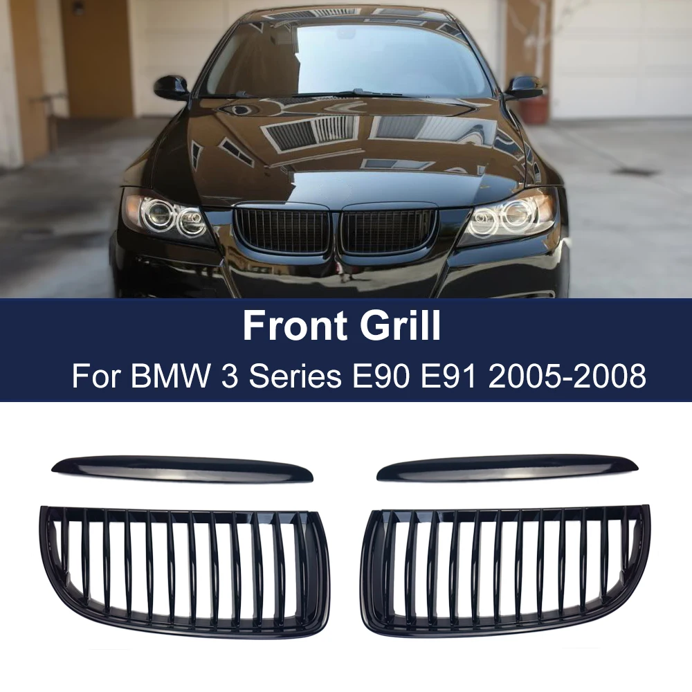 

1 Slat Line Front Bumper Kidney Grille Hood Grills Gloss Black For BMW 3 Series E90 E91 323I 328I 335I 330I 325I 2005-2008