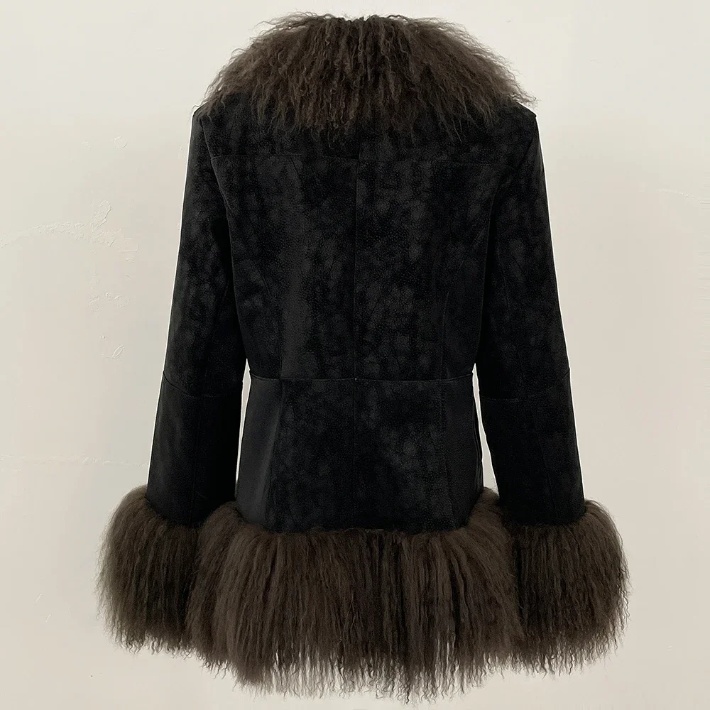 OFTBUY New Winter Warm Curly Mongolia Sheep Fur Jacket Women Vintage Shearling Coat Slim Faux Suede Real Rabbit Fur Clothing