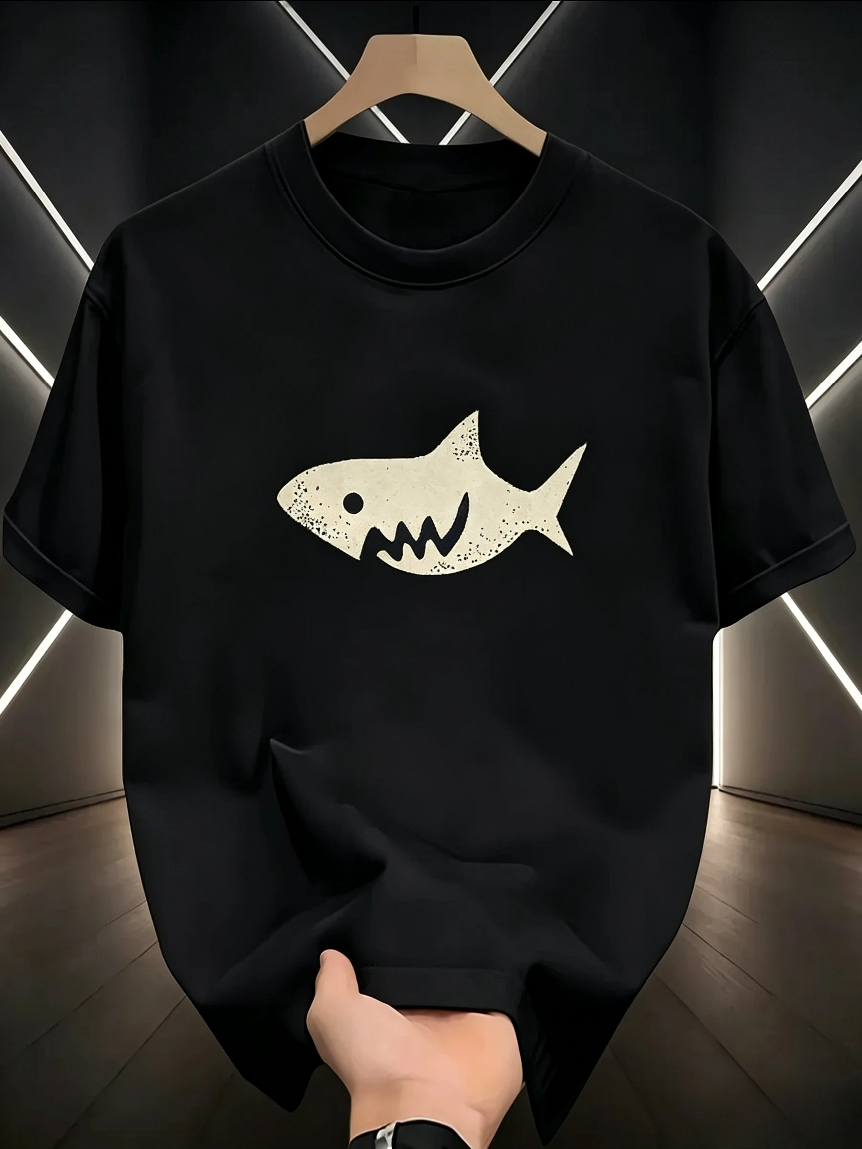 Cute Abstract Shark Graphic T‑Shirt Unisex Short‑Sleeve Casual Top Navy Blue Sea Creature Wear For Ocean Lovers
