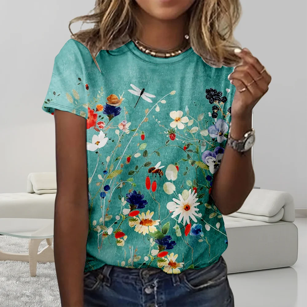 Summer T Shirt Women Vintage Flora Short Sleeve T-shirt Fashion Tee Y2k Top Oversize Shirt O-Neck Basic Top Casual Clothes Blusa