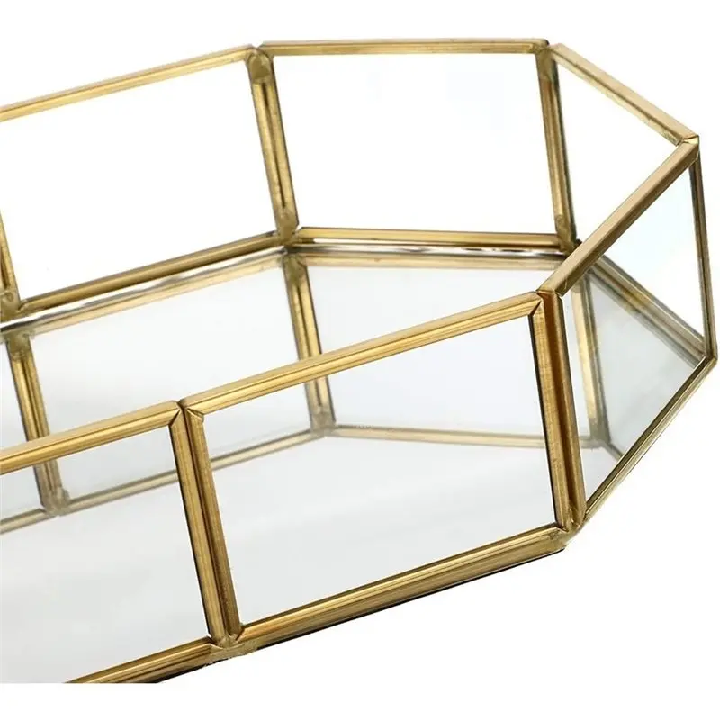 ABUN-Mirror Glass Vanity Tray-Vintage Gold Makeup Organizer Perfume Tray Octagonal Dresser For Jewelry Trinkets
