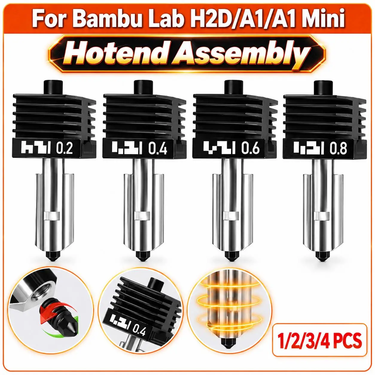 Upgraded Quick Swap Hotend Assembly Hardened Steel Replaceable Nozzle 0.2/0.4/0.6/0.8mm for Bambu Lab H2D A1 Mini A1 3D Printer