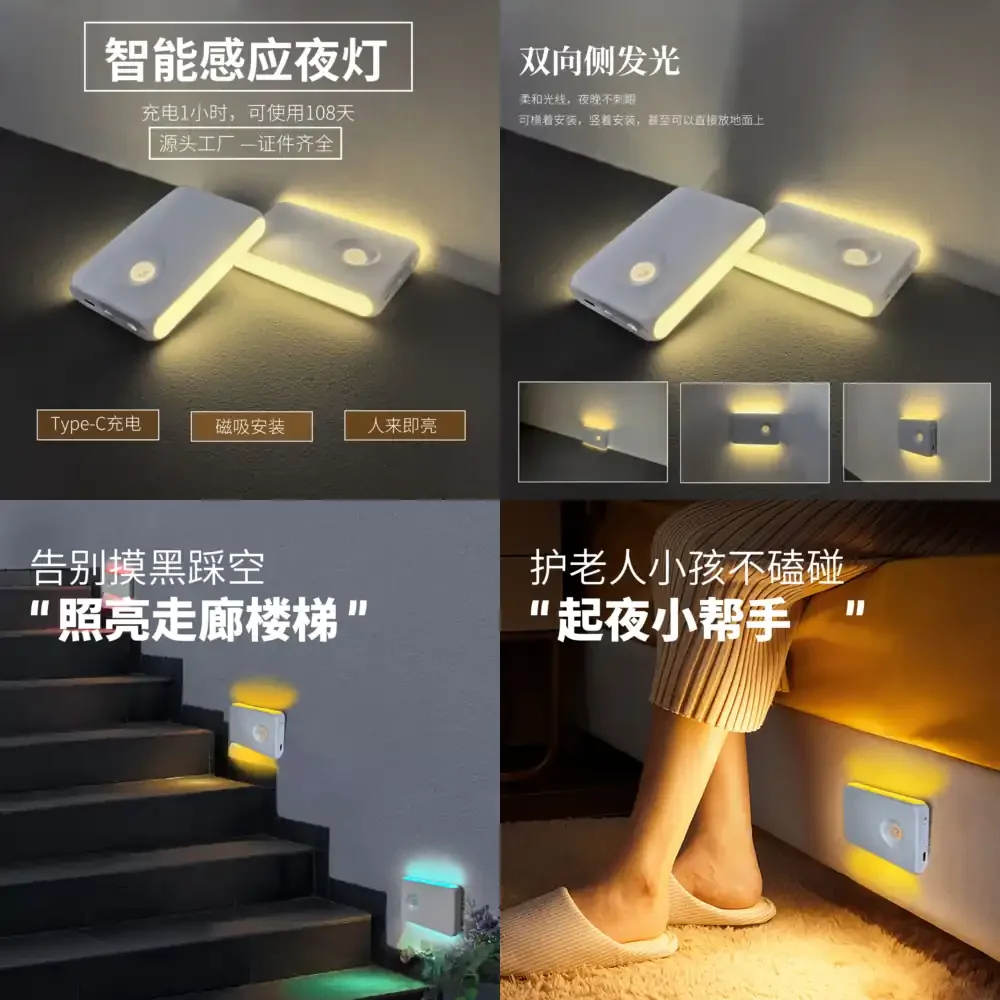 

Smart Motion Sensor Night Light LED Human Type C Rechargeable Wireless Magnetic Bedside Lamp for Home