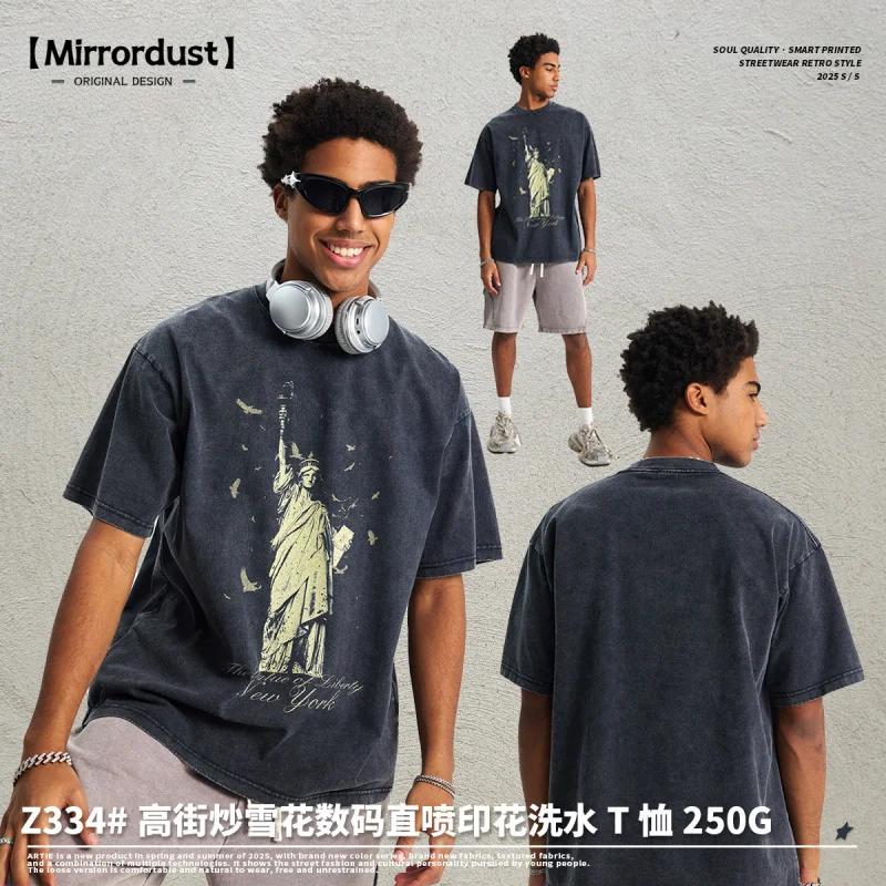 

【Mirrordust】2025Футболка Washablet с цифровой печатью и батиком в стиле ретро, модная брендовая футболка с короткими рукавами