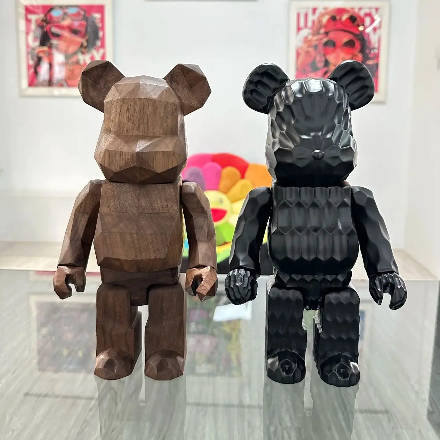 

Diamond Walnut Bear And Ebony Wavy Bear Bearbrick Karimoku X Fragment (Carved Wooden) 400% 28cm Height 11 Inches Handmade Doll
