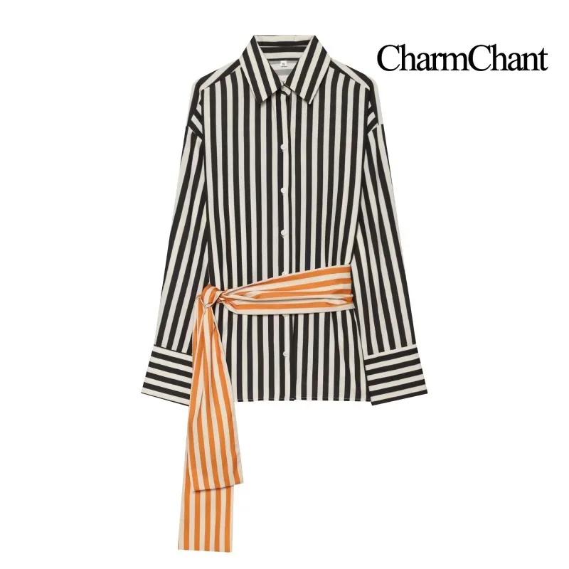 CHARMCHANT Women's Striped Belted Long Sleeve Shirt Contrast Sash Turn Down Collar Loose Button Down Blouse Spring 2026