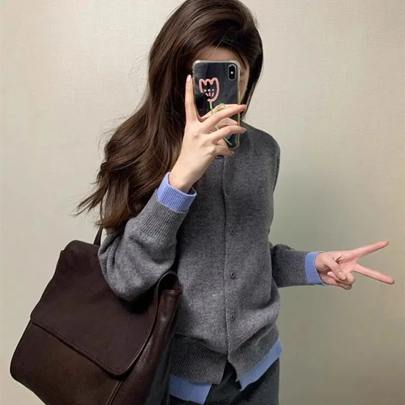 Women Autumn Fashion Patchwork Office Lady Solid Color O-neck Long Sleeve Knitwear Ladies Korean Casual Knitting Cardigan Coat