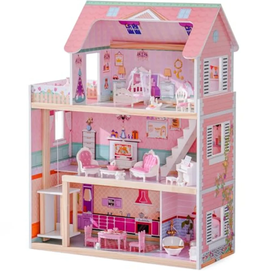 

Wooden dollhouse playset for home decoration, natural wood material, light brown color, includes 24-pcs accessories and working