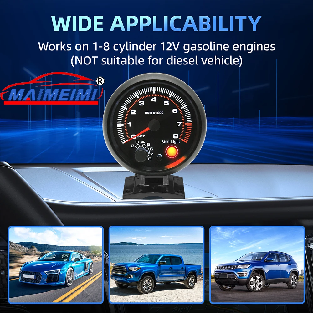 

0-8000 RPM Tachometer 95mm Tach Gauge With Shift light Tacho Gauge White LED backlight for 12V Racing Car