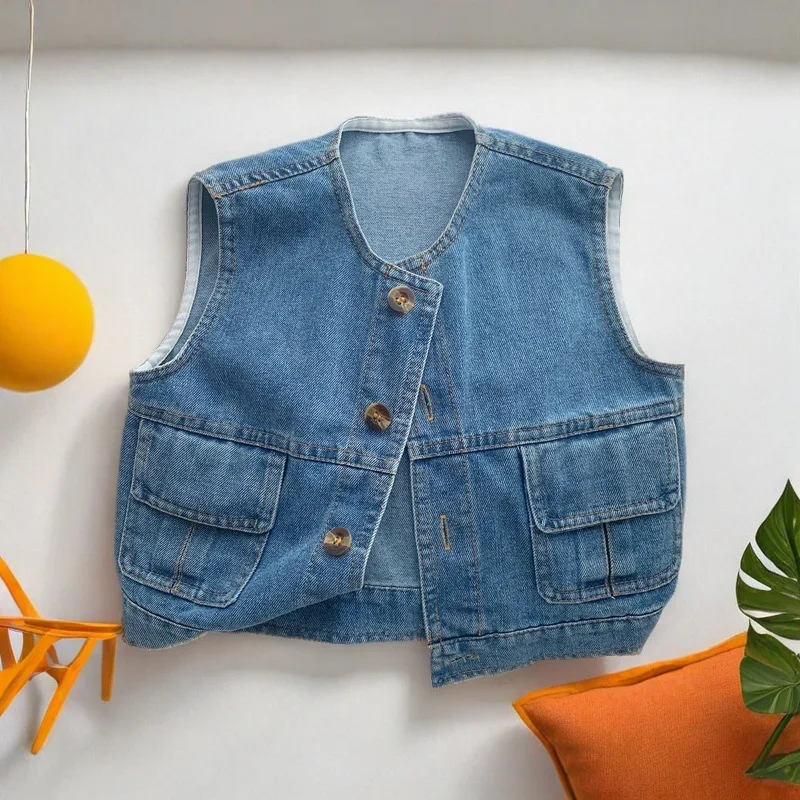 

New Autumn Infant Baby Girls Denim Waistcoat Cotton Solid Toddler Girls Sleeveless Jackets Loose Round Collar Kids Girls Vest