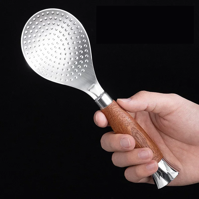 Rice Spoon Stainless Steel Wooden Handle Rice Scoop Paddle Shovel Non-stick Standing Rice Spatula Serving Spoon Kitchen Utensils